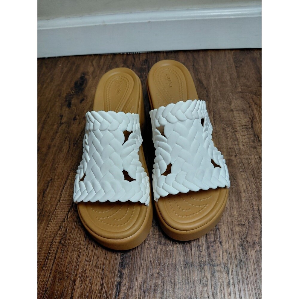 Crocs Women BROOKLYN WOVEN SLIDE HEEL Tan White Sandals Womens Size 8 - Picture 3 of 10